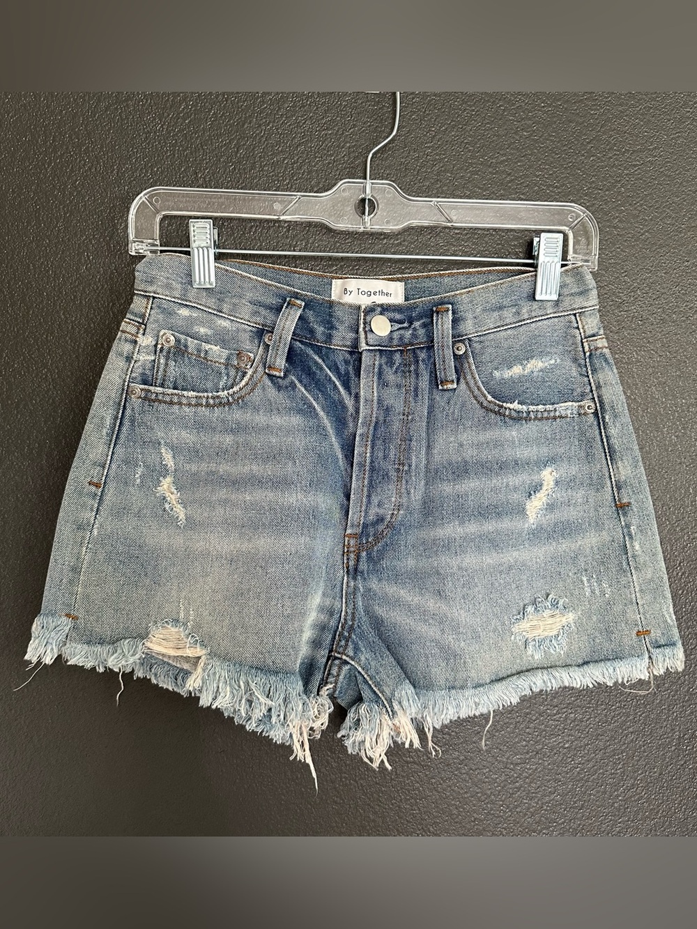 By Together Distressed Denim Cutoff Shorts High Rise Frayed Hem Size S NWOT